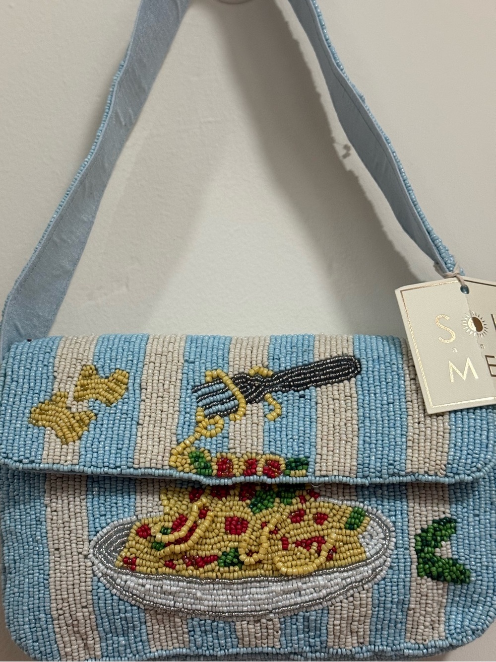 Blue Striped Beaded Pasta Shoulder Bag - Picture 3 of 5